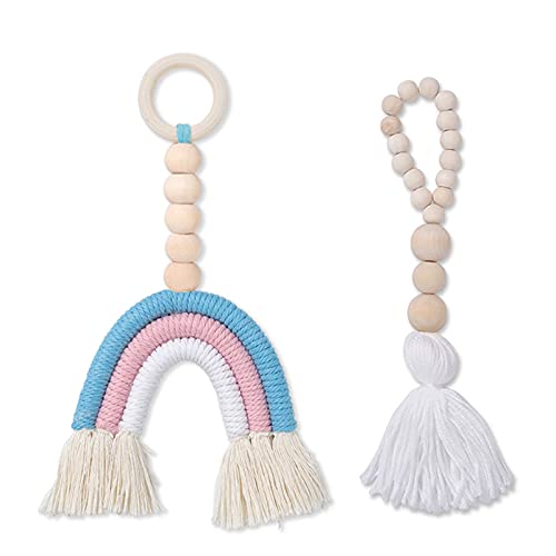 EXQULEG 2 Stücke Set Regenbogen Makramee Wandbehang, Regenbogen Anhänger mit Quaste Holzperlen, Boho Handgewebte Wandteppiche für kinderzimmer Babyzimmer Dekoration (19#) von EXQULEG