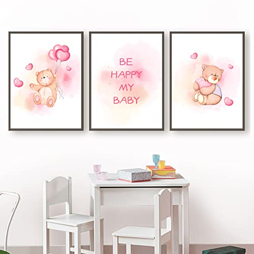 EXQULEG 3er Poster Kinderzimmer Deko, Kindbilder ohne Rahmen, Bilder Babyzimmer Junge Mädchen, Rosa Luftballon Teddy (40x50cm) von EXQULEG