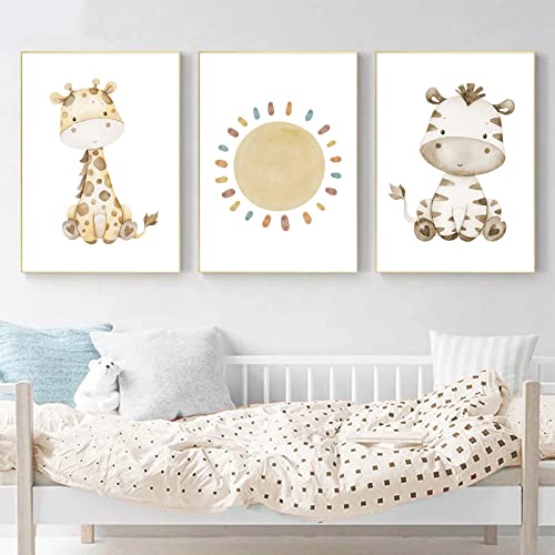 EXQULEG 3er Set Bilder Babyzimmer Deko Junge Mädchen - Poster Ohne Rahmen Tiere Regenbogen Sonne Wandbilder Wanddeko für Babyzimmer Wohnzimmer (A,50x70cm) von EXQULEG