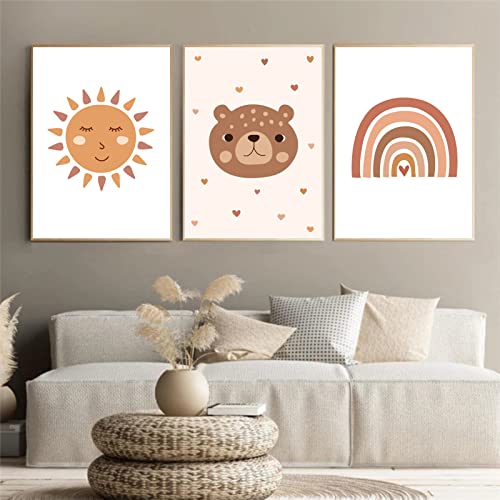 EXQULEG 3er Set Bilder Kinderzimmer, Poster Babyzimmer Deko, Kindbilder ohne Rahmen Wandbilder für Kinder Jungen und Mädchen Regenbogen, Bär, Sonne (50x70cm) von EXQULEG