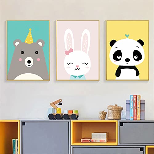 EXQULEG 3er Set Bilder Kinderzimmer Deko, Waldtiere Poster ohne Bilderrahmen, Dinosaurier Kaninchen Panda Wandbilder für Jungen und Mädchen (20x30cm,B) von EXQULEG