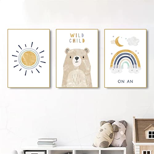 EXQULEG 3er Set DIN A4 Poster Set Bilder Kinderzimmer Wandbilder mit Sonn Regenbogen Wildtiere Deko Kinderzimmer ohne Rahmen Mädchen Babyzimmer Deko Wandposter (ADC) von EXQULEG