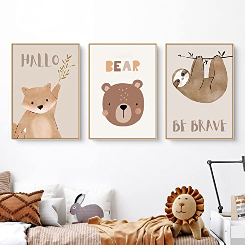 EXQULEG 3er Set Poster Bilder Kinderzimmer Deko | Wanddeko Bilder Kinderzimmer Mädchen und Jungen, Fuchs Bär Faultier Tierbilder, Tierposter, Ohne Rahmen (40x50cm) von EXQULEG