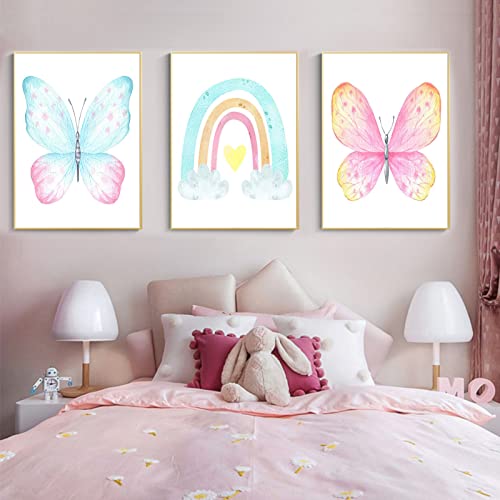 EXQULEG 3er Set Poster Kinderzimmer Bilder, Schmetterling Regenbogen,A4 Wandbilder Deko Kinderposter Für Junge Mädchen Babyzimmer Kinderbilder (ABC) von EXQULEG