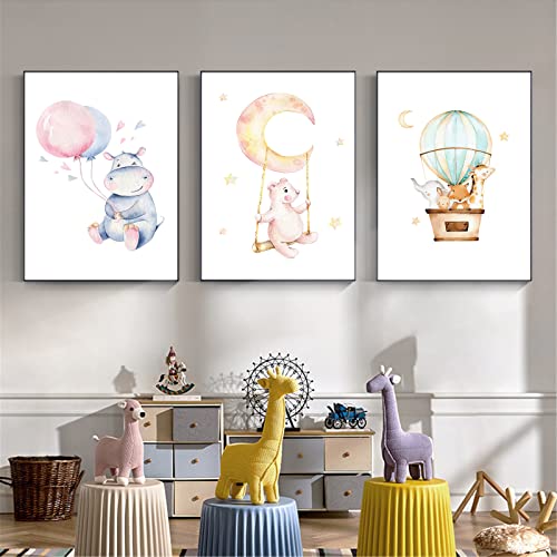 EXQULEG 3er Set Poster Kinderzimmer Deko - Bilder Babyzimmer Junge Mädchen -Wandbilder Ohne Rahmen - Cartoon Elefant Bär Ballon Sternen Mond (B,20x30cm) von EXQULEG