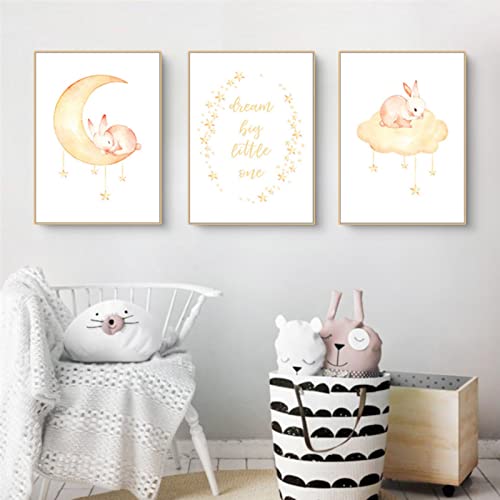 EXQULEG 3er Set Poster Kinderzimmer Kleiner Hase Giraffe Tiere Bilder Babyzimmer Deko Ohne Rahmen, Kinderbilder Tiermotive Poster für Junge Mädchen (B,50x70cm) von EXQULEG