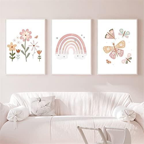 EXQULEG 3er Set Wandbilder Kinderzimmer Babyzimmer Poster,Regenbogen Sonne Wolke Blumen und Schmetterlinge,Bilder DIN A4 Mädchen Jungen Boho Deko Dekoration (BDE) von EXQULEG