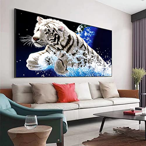 EXQULEG 5D Diamond Painting Weißer Tiger Diamant Painting Bilder für Erwachsene, Rundes Diamant DIY Tier Diamant Malerei Kits Für Wohnzimmer Büro Wand Und Eingang Dekoration (120x60cm) von EXQULEG