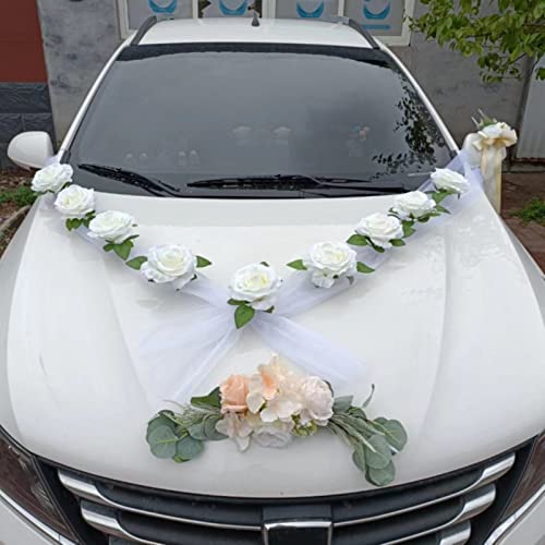 EXQULEG Auto Schmuck Braut Paar Rose Deko Dekoration Autoschmuck Hochzeit Car Auto Wedding Deko Girlande Autodeko Hochzeitsdeko (Weiß) von EXQULEG