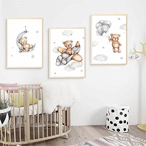 EXQULEG Bilder Babyzimmer Ohne Rahmen - 3er Set DIN A4 Poster Set - Bär Wandbilder Wanddeko - Babyzimmer Deko Kinderzimmer Mädchen und Jungen (30x40cm) von EXQULEG