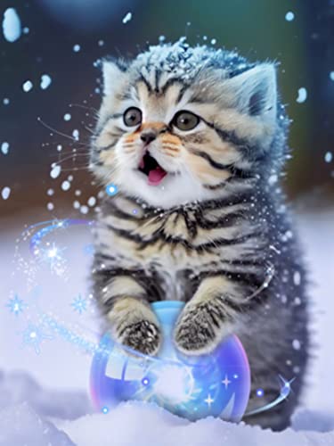 EXQULEG Diamond Painting Katze im Schnee, 5D Diamant Painting Bilder Kinder Erwachsene, DIY Diamant Malerei Kit für Haus,Büro, Wand Und Eingang Dekoration (40 * 50cm) von EXQULEG