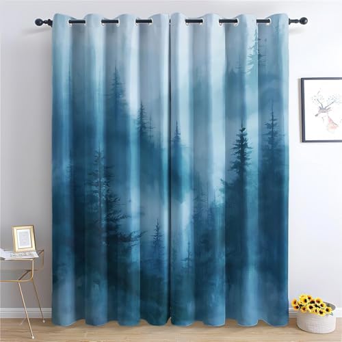 EXSANLIEAY Verdunklungsvorhänge Wald, Vorhang Blickdicht Blau Vorhänge mit öSen 2er Set für Schlafzimmer Kinderzimmer, Deko Gardinen Wohnzimmer - B140 x H200 cm von EXSANLIEAY