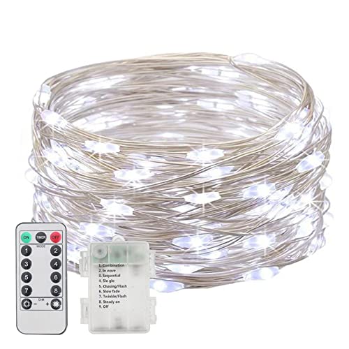 EXTRASTAR Led Lichterkette Batterie,10M 100LED Wasserdicht Lichterkette,8 Modi Kupferdraht Lichterkette mit Fernbedienung und Timer für Party,Garten,Innen,Weihnachten,Hochzeit,1 Stück,KaltesWeiß von EXTRASTAR