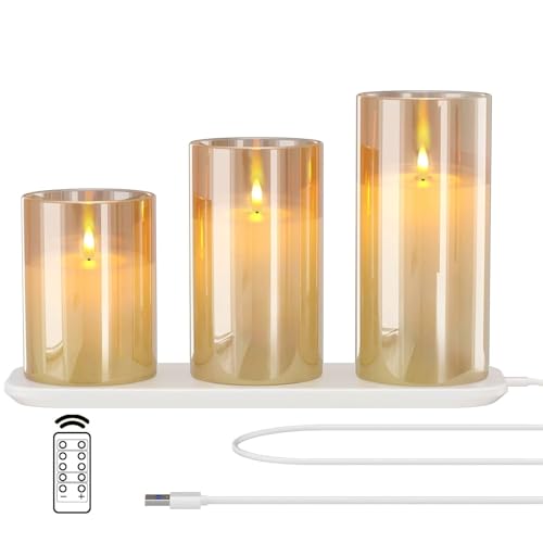 EXTSUD LED Flammenlose Kerzen Flackern mit Ladestation und Fernbedienung,3er Set Led Kerzen aus Glas Wiederaufladbare Flamme Kerzenlicht mit timerfunktion Romantische Teelichter Deko Wohnzimmer Gelb von EXTSUD