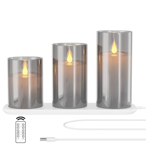 EXTSUD LED Kerzen Flackernde Flamme Kerzen mit Ladestation und Fernbedienung,3er Set Elektrische kerzen aus Glas Wiederaufladbare Flamme Wassertropfer Kerzenlicht mit Timerfunktion Grau von EXTSUD