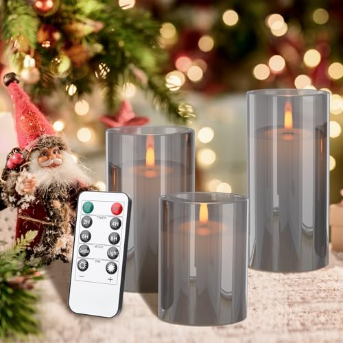 EXTSUD LED Flammenlose Kerzen Flackern mit Ladestation und Fernbedienung Timerfunktion,3er Set Led Kerzen aus Glas Wiederaufladbare Flamme Kerzenlicht Romantische Teelichter Deko Wohnzimmer Grau von EXTSUD