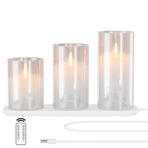 EXTSUD LED Flammenlose Kerzen Flackern mit Ladestation und Fernbedienung Timerfunktion,3er Set Led Kerzen aus Glas Wiederaufladbare Flamme Kerzenlicht Romantische Teelichter Deko Wohnzimmer von EXTSUD