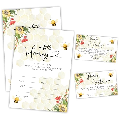 EXW A Little Honey Is On The Way, 25 Einladungskarten für Babypartys mit Umschlägen, 25 Buchanfragekarten und Windel-Verlosungstickets, Baby-Ankündigung, Geschlechtsoffenbarung, Partyzubehör und von EXW