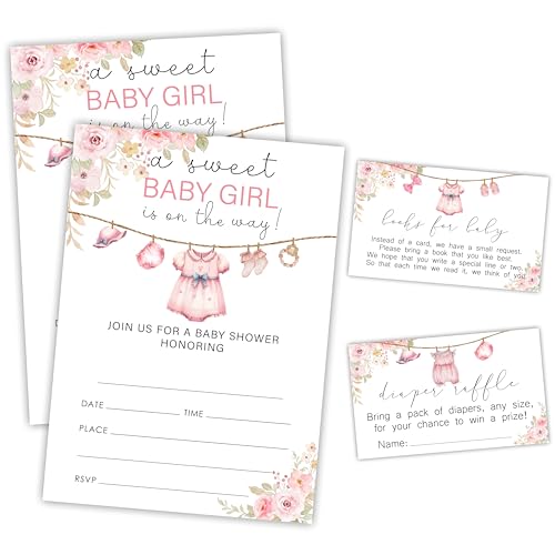 EXW A Sweet Baby Girl Is On The Way! 25 Einladungskarten für Babypartys mit Umschlägen, 25 Buchanfragekarten & Windel-Tickets, Baby-Ankündigung, Geschlechtsoffenbarung, Partygeschenk und Zubehör, A08 von EXW