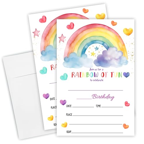 EXW A01 Geburtstagseinladungen mit Umschlägen, Regenbogenfarben, 10,2 x 15,2 cm, 20 Stück zum Ausfüllen, Einladungen für Geburtstagspartys für Familien und Freunde, Partyzubehör und Dekorationen von EXW