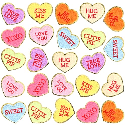 24 Stück Valentine Chenille Patches Aufbügler Patches Gespräch Herzen Süßigkeiten Patches Valentinstag Bestickte Stoffflicken Aufnähen Applikationen für Kleidung Hut Hemd Tasche Jeans DIY Dekorationen von EYNDYN