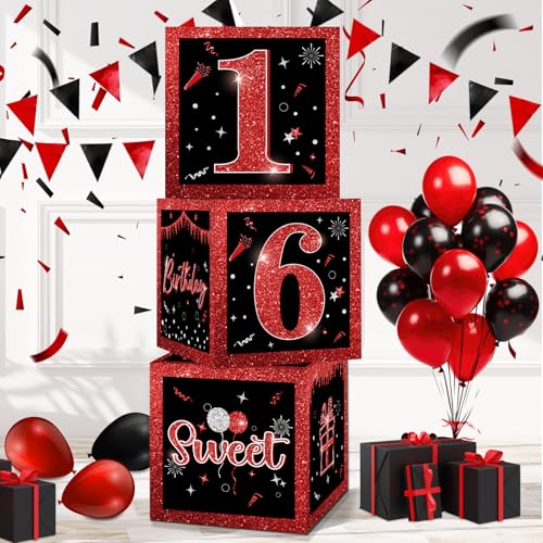 3 Stück süße Dekoboxen zum 16. Geburtstag für Jungen und Mädchen, rot und schwarz, 16. Geburtstag, Party-Dekorationen, Luftballons, Boxen, Zubehör, 16. Geburtstag, Pappschachtel, Geschenkdekoration von EYNDYN