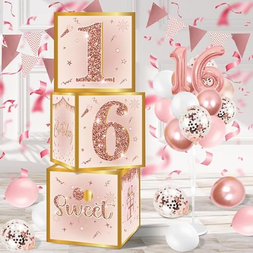 40 Stück 16. Geburtstag Dekorationen Boxen für Mädchen Rose Gold Sweet 16 Birthday Luftballons Box Pink Sweet Sixteen Theme Party Supplies Pappschachtel Ballons Banner und Luftballons Ständer von EYNDYN