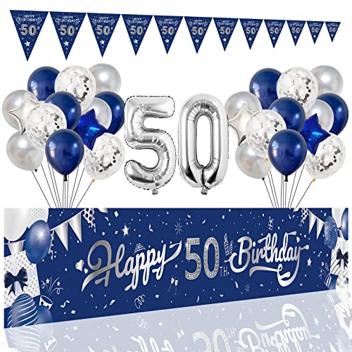 50 Jahre Geburtstag für Männer Ihn Blau und Silber Happy Birthday Party Dekoration Set Groß 9,8 x 1,1,8 m Hintergrund Banner Jubiläumsfeier 50 Geburtstag Folien-Latexballons für Männer und Frauen von EYNDYN