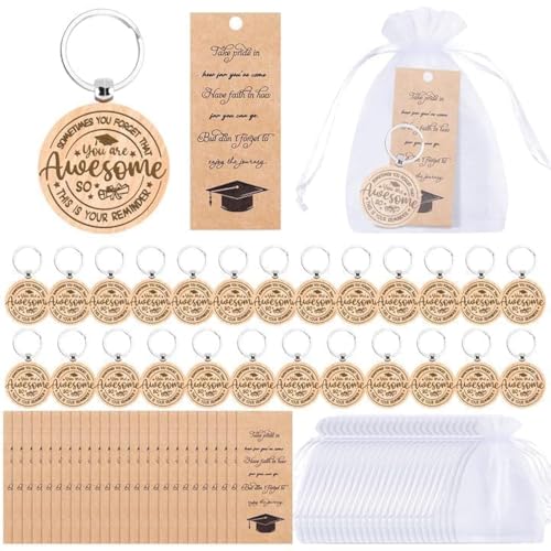 EYNDYN 25 Sets Abschluss-Geschenke Klasse 2024 Holz-Schlüsselanhänger mit Organza-Beutel, Glückwunschkarte für Sie und Ihn, Abschlussgeschenke, Burlywood, Large von EYNDYN