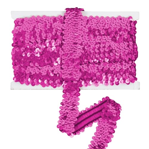 Elastischer Paillettenbesatz, 3,1 cm 3 Reihen flaches Glitzer-Paillettenband, glitzernder Stoff, metallischer Stretch-Paillettenstreifen, Nähen, DIY-Projekte, 4,5 m, Hot Pink von EZ Trims