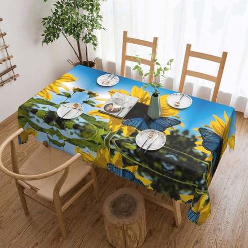 EZDLOWVBA Rechteckige Tischdecke, Motiv: gelbe Sonnenblumen mit blauen Schmetterlingen, abwischbar, wasserabweisend, Tischdecke für Zuhause, Esszimmer, Küche, Party, 137 x 183 cm von EZDLOWVBA