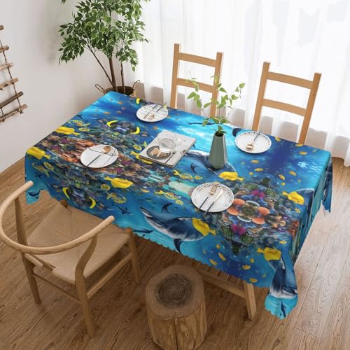 EZDLOWVBA Rechteckige Tischdecke mit tropischem Fisch-Schildkrötenmuster, abwischbar, wasserabweisend, Tischdecke für Zuhause, Esszimmer, Küche, Party, 137 x 183 cm von EZDLOWVBA