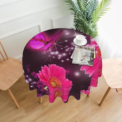 EZDLOWVBA Runde Tischdecke mit rosa Blumen und violettem Schmetterlings-Druck, 152,4 cm Durchmesser. Abwaschbare Tischdecke mit Staub, geeignet für Restaurants, Innen- und Außenbereich von EZDLOWVBA