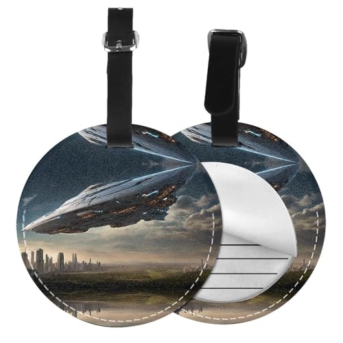 Gepäckanhänger, Motiv: UFO bei Nacht, rund, Leder, Reisekoffer-Etiketten mit Sichtschutz, Name, Adresskarte, 1/2/4 Stück Gepäckanhänger, Motiv: UFO bei Nacht, rund, Leder, Reisekoffer-Etiketten mit Sichtschutz, Name, Adresskarte, 1/2/4 Stück von EZDLOWVBA