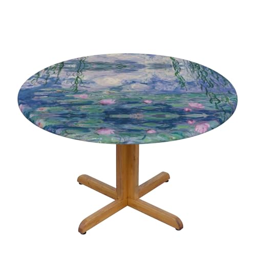 Lotus-Ölgemälde-Druck, wasserdicht, runde Tischdecke, elastische Kanten, schmutzabweisend, öldicht, Tischschutz für Esszimmer, Küche, Picknick, Party (S: 122 cm), M: 138 cm von EZDLOWVBA