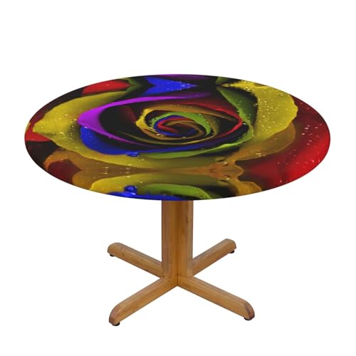 Wasserdichte, runde Tischdecke mit Regenbogen-Rosen, elastische Kanten, schmutzabweisend, öldicht, Tischschutz für Esszimmer, Küche, Picknick, Party (S: 122 cm) (M: 138 cm) von EZDLOWVBA