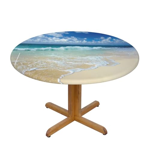 Wasserdichte, runde Tischdecke mit Stranddruck, elastische Kanten, schmutzabweisend, öldicht, Tischschutz für Esszimmer, Küche, Picknick, Party (S: 122 cm) (M: 138 cm) von EZDLOWVBA