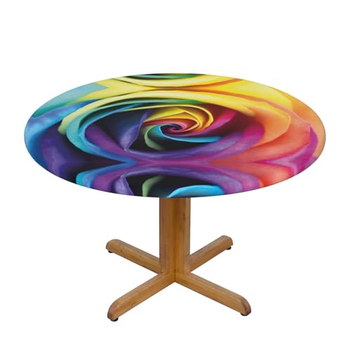 Wasserdichte runde Tischdecke mit Regenbogen-Rosen-Motiv, elastische Kanten, schmutzabweisend, öldicht, Tischschutz für Esszimmer, Küche, Picknick, Party (S: 122 cm), M: 138 cm von EZDLOWVBA