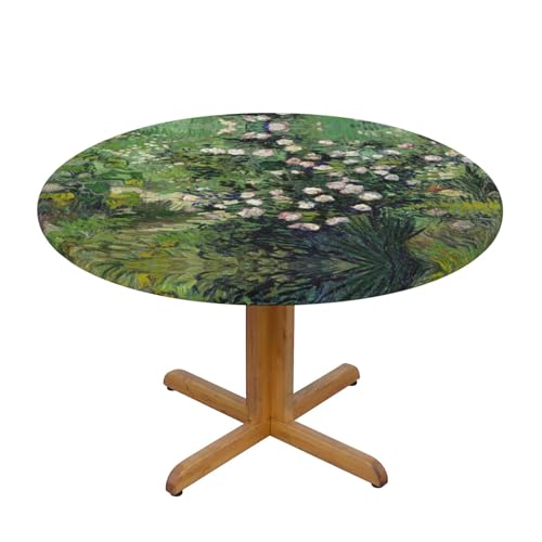 Wasserdichte runde Tischdecke mit Rosenaufdruck, elastische Kanten, schmutzabweisend, öldicht, Tischschutz für Esszimmer, Küche, Picknick, Party (S: 122 cm) (M: 138 cm) von EZDLOWVBA