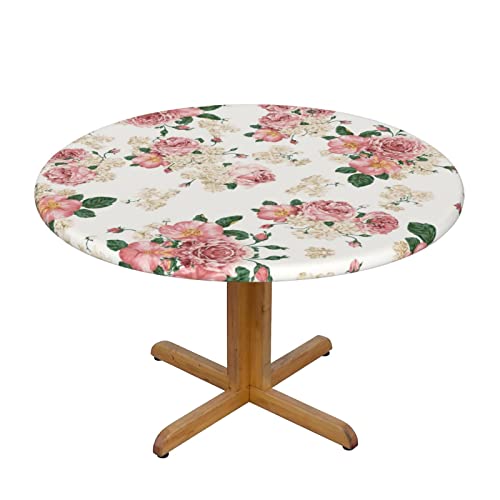 Wasserdichte runde Tischdecke mit Rosenblüten und Blättern, elastische Kanten, schmutzabweisend, öldicht, Tischschutz für Esszimmer, Küche, Picknick, Party (S: 122 cm), M: 138 cm von EZDLOWVBA