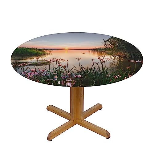 Wasserdichte runde Tischdecke mit Seeblick mit Blumenblättern, elastische Kanten, schmutzabweisend, öldicht, Tischschutz für Esszimmer, Küche, Picknick, Party (S: 122 cm), M: 138 cm von EZDLOWVBA