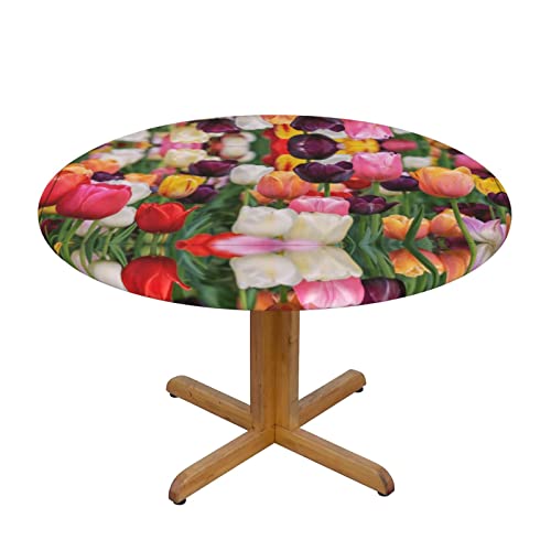 Wasserdichte runde Tischdecke mit Tulpenmuster, elastische Kanten, schmutzabweisend, öldicht, Tischschutz für Esszimmer, Küche, Picknick, Party (S: 122 cm), M: 138 cm von EZDLOWVBA