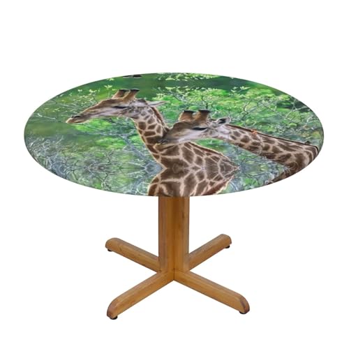 Wasserdichte runde Tischdecke mit zwei Giraffen, elastische Kanten, schmutzabweisend, öldicht, Tischschutz für Esszimmer, Küche, Picknick, Party (S: 122 cm), M: 138 cm von EZDLOWVBA