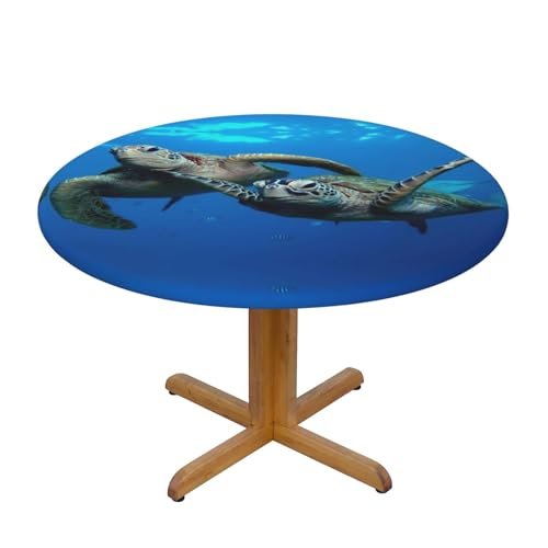 Wasserdichte runde Tischdecke mit zwei U-Boot-Schildkröten unter dem Meer, elastische Kanten, schmutzabweisend, öldicht, Tischschutz für Esszimmer, Küche, Picknick, Party (S: 122 cm), M: 138 cm von EZDLOWVBA