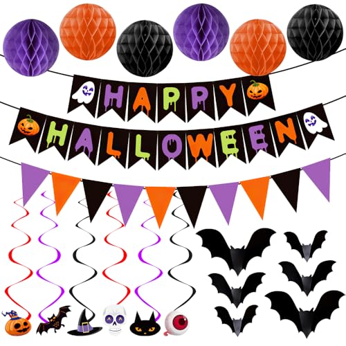 Halloween Deko Set mit Hängende Halloween Spiralen, Halloween Banner, Halloween Girlanden - Happy Halloween Dekoration Girlande Indoor Outdoor Kinder, Hängende Wabenkugeln für Halloween Dekorationen von EZGETOP