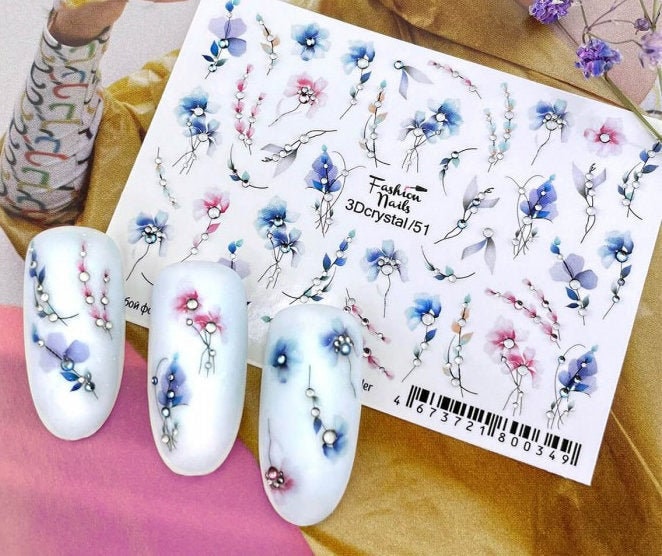 3D Blau, Pink Und Lila Sanfte Blumen Mit Silbernen Strasssteinen - Wasserschiebefolie Wassertransfer Nail Art Decals Kristallen von EZNailsStore