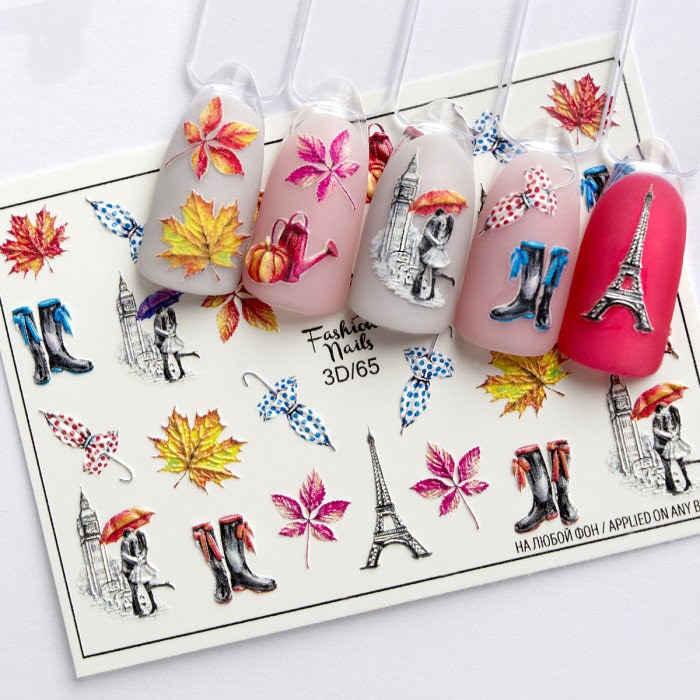 3D Herbst Regenschirm, Paris Eiffelturm, Blätter, Big Ben, Regenstiefel, Küssendes Paar - Waterslide Water Transfer Nail Art Decals von EZNailsStore