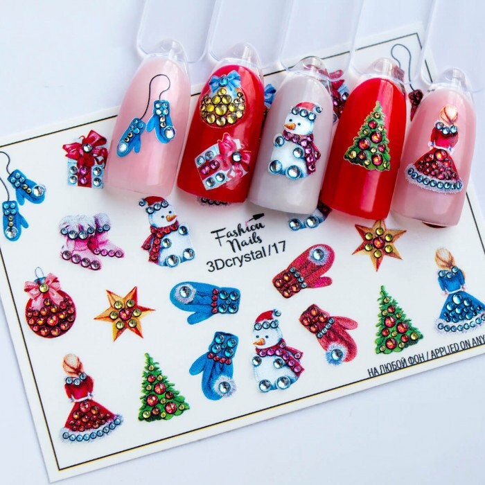 3D Weihnachtsschmuck, Handschuhe, Schneemänner, Weihnachtsbaum, Mädchen Im Kleid - Wasserschiebefolie Wassertransfer Nail Art Decals Mit Kristallen von EZNailsStore