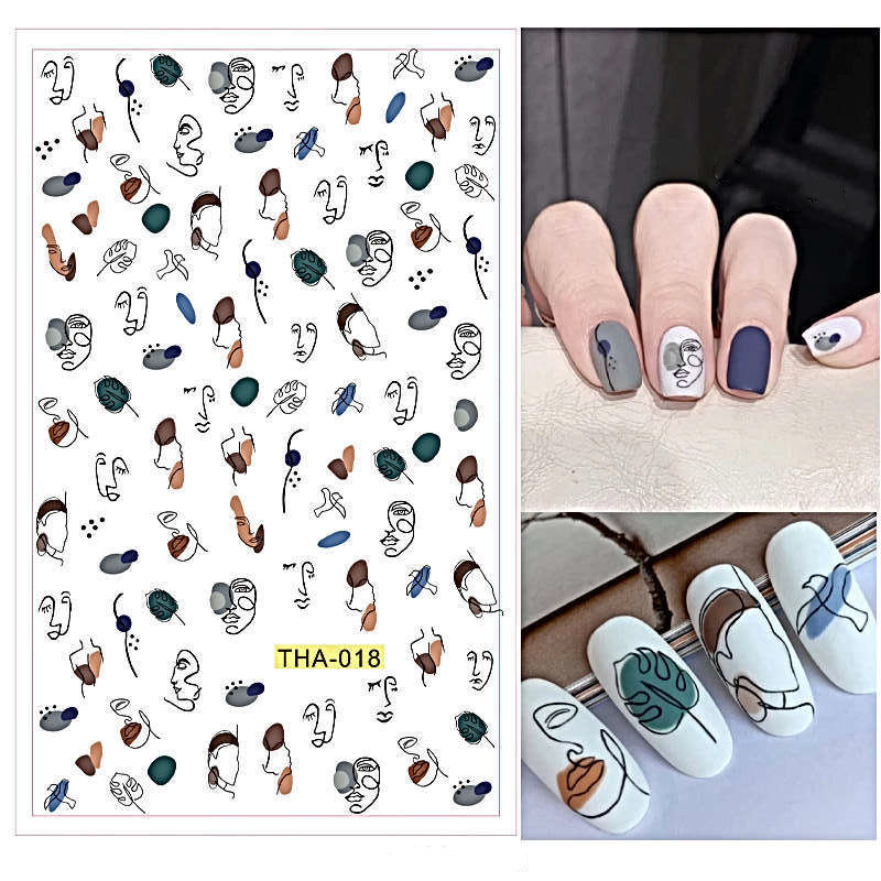 Schwarzer Umriss Frauen Gesichter Silhouette Mit Abstrakter Kunst Grün, Orange, Marine Blau - Nail Art Decals Aufkleber Transfers von EZNailsStore