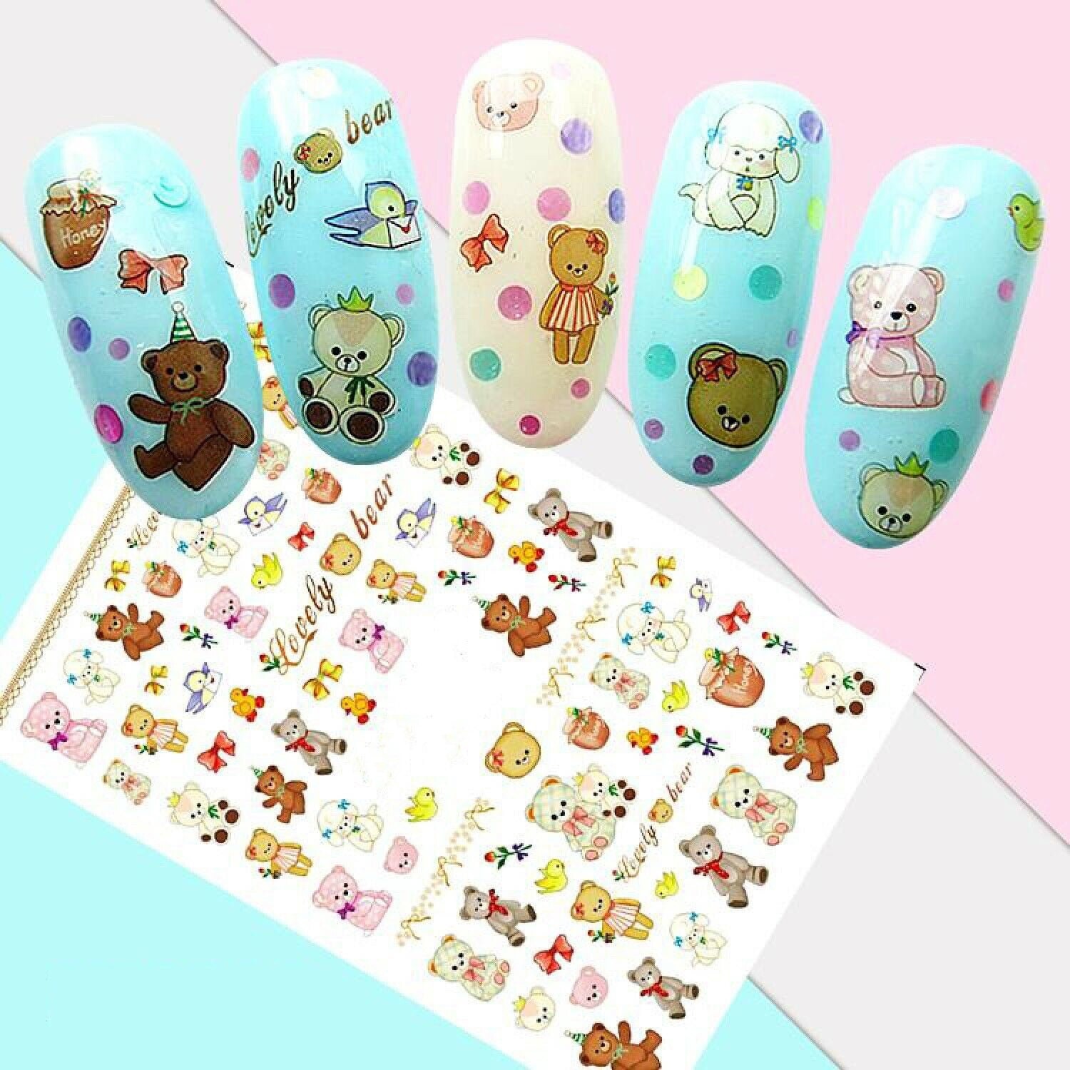 Teddybären Braun Und Rosa, Vögel Schleifen, Honigglas, Happy Birthday - Nail Art Decals Aufkleber Transfers von EZNailsStore